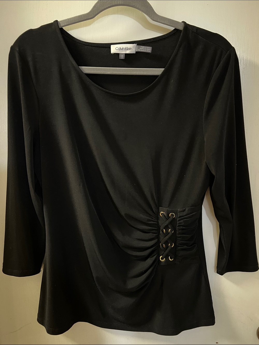 Calvin Klein Black Ruched Side Lace-Up Long Sleeve Top